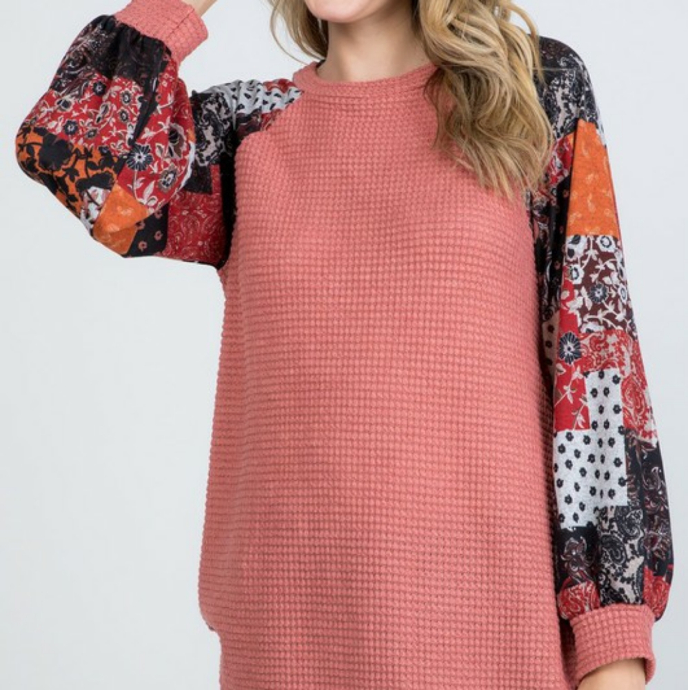 P & Rose Full Size Run Patchwork Sleeve Contrast Waffle Top